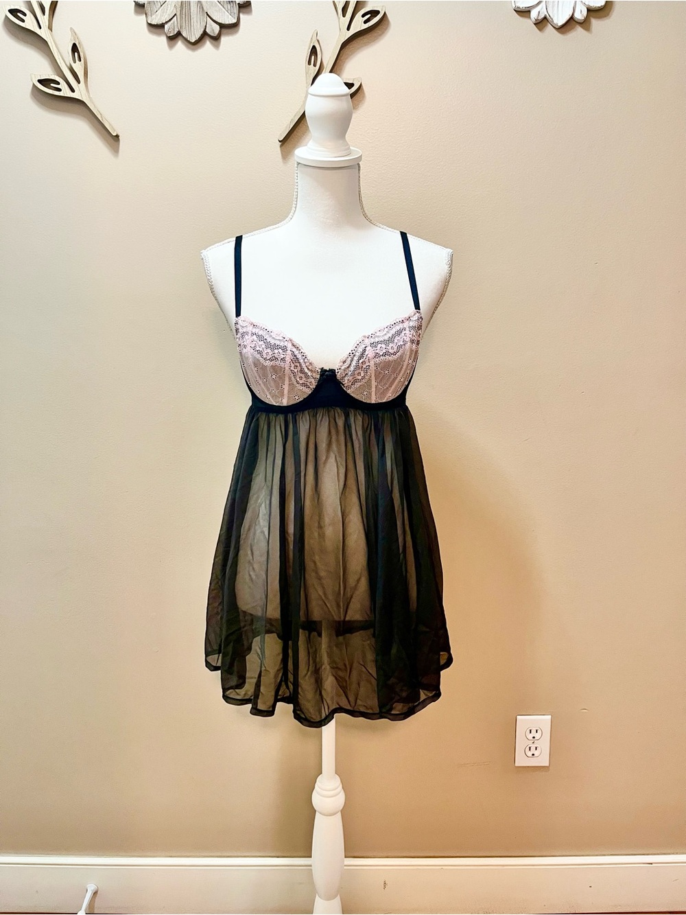 Betsey Johnson Y2K Coquette Sheer Black Babydoll Nightie Size Medium
